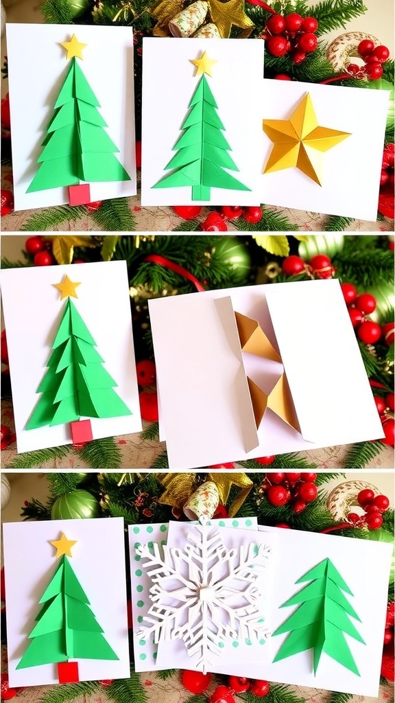 A display of origami Christmas cards including a tree, star, and snowflake on a festive background.